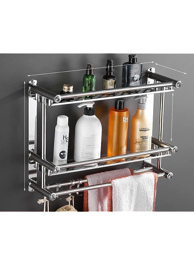 Lavatory Towel Rack 2-Tier with Two Towel Bars, Stainless Steel Lavatory Bath Towel Shelf Wall Mount Towel Holder No Drilling, Heavy Duty Bathroom Shelf Shower Caddy Rustproof, 15.7in/40cm