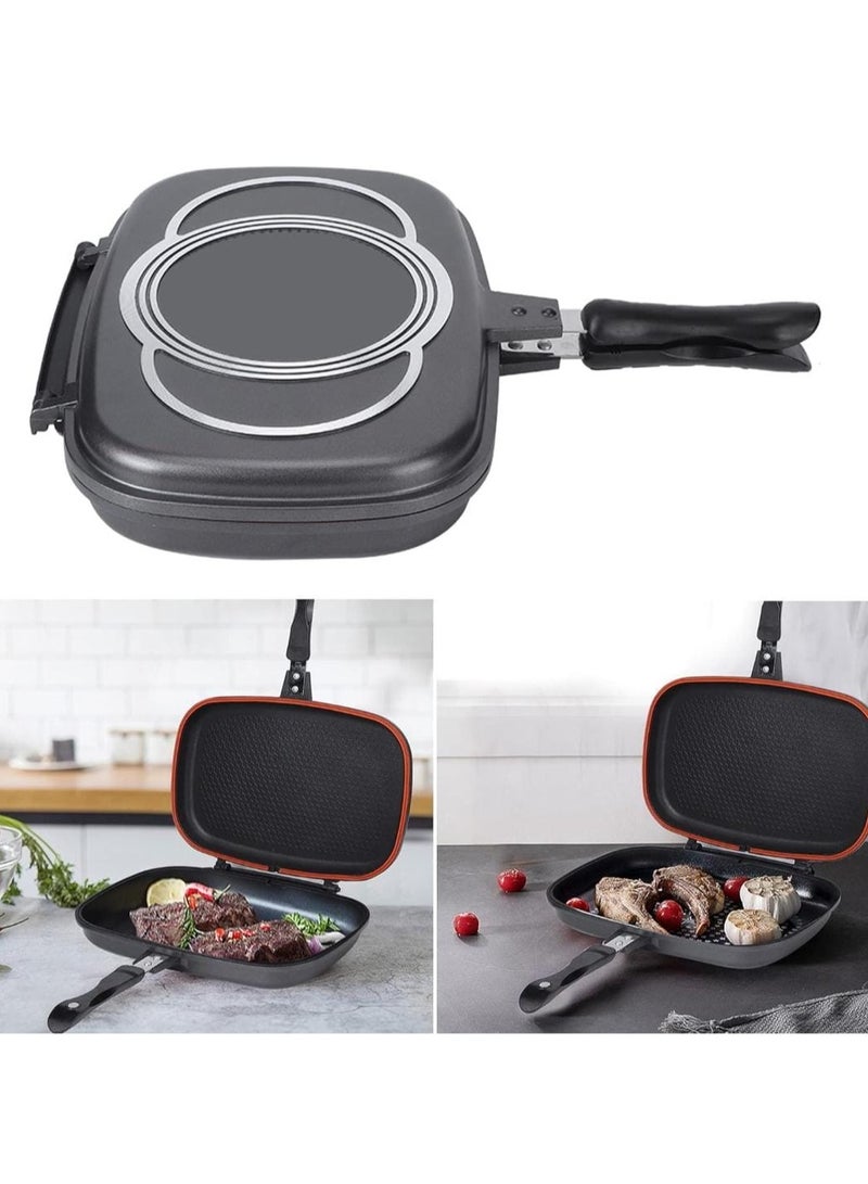 Double Side Die Casting Grill Pan 36cm - Non-Stick, Black & Silver, Heavy Duty Aluminum, Easy Flip Design, Perfect for Indoor & Outdoor Grilling, Even Heat Distribution