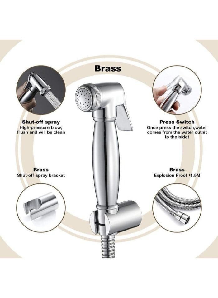 Shut-Off Hand Sprayer with Hose - Luxury High-Pressure Bidet Spray with Brass Cartridge, Chrome Finish, 1.2m Flexible Hose