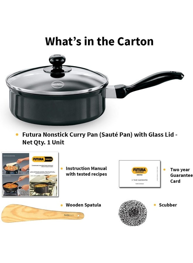 Futura Nonstick Curry Pan Saute Pan 2 Litre 20 cm 3.25 mm with Glass Lid Black
