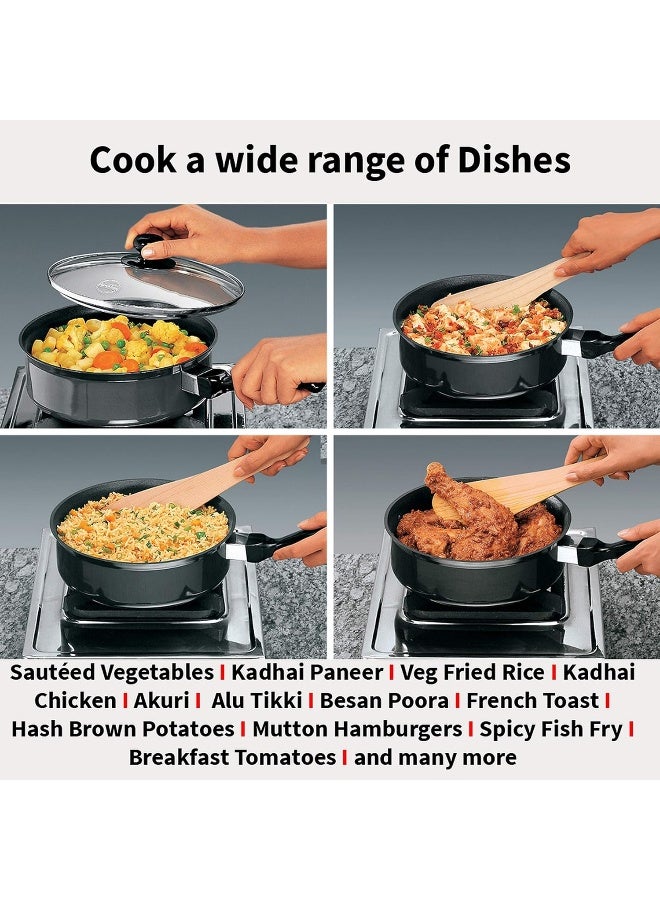 Futura Nonstick Curry Pan Saute Pan 2 Litre 20 cm 3.25 mm with Glass Lid Black