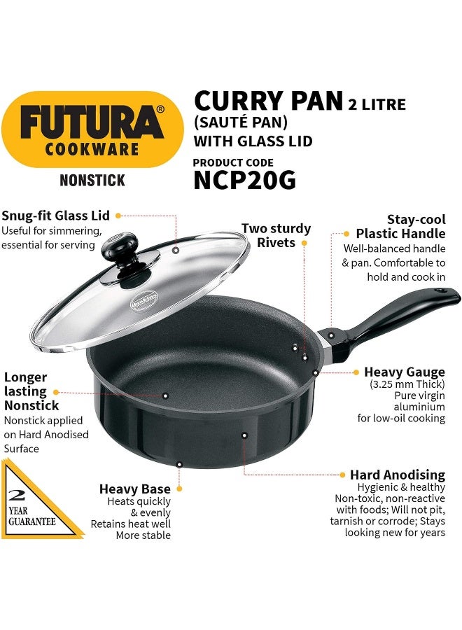 Futura Nonstick Curry Pan Saute Pan 2 Litre 20 cm 3.25 mm with Glass Lid Black