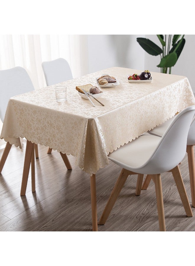 140x180cm Rectangular Flower PVC Tablecloth, 100% Waterproof, Oil-proof and Stain-proof Plastic Tablecloth Cover, Suitable for Kitchen and Restaurant Disposable Table Skirt (Beige)