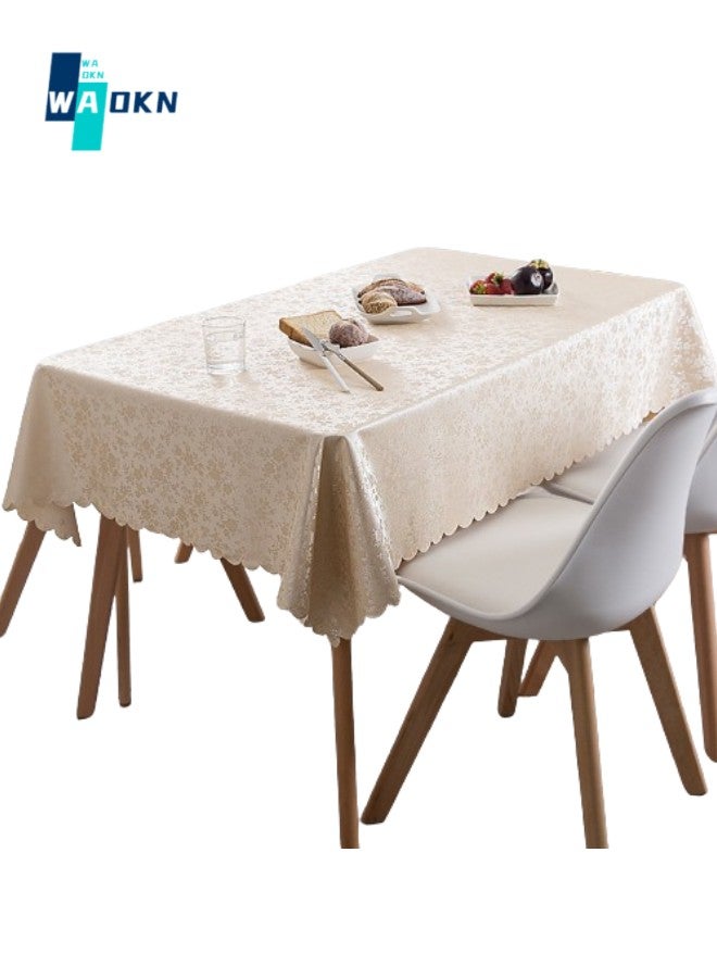 140x180cm Rectangular Flower PVC Tablecloth, 100% Waterproof, Oil-proof and Stain-proof Plastic Tablecloth Cover, Suitable for Kitchen and Restaurant Disposable Table Skirt (Beige)