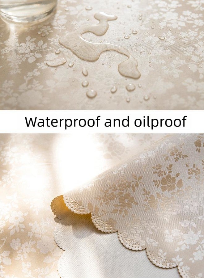 140x180cm Rectangular Flower PVC Tablecloth, 100% Waterproof, Oil-proof and Stain-proof Plastic Tablecloth Cover, Suitable for Kitchen and Restaurant Disposable Table Skirt (Beige)