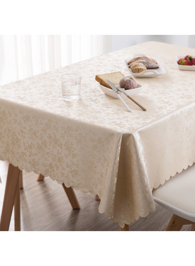 140x180cm Rectangular Flower PVC Tablecloth, 100% Waterproof, Oil-proof and Stain-proof Plastic Tablecloth Cover, Suitable for Kitchen and Restaurant Disposable Table Skirt (Beige)