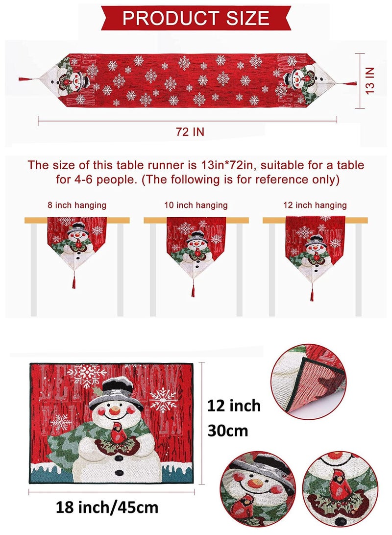 Tablecloth Placemat Set Embroidered Snowflake Tablecloth 74 x 13 inches Catering Table Runner for Holiday Party Winter Themed Decoration Christmas (1 Runner + 4 Placemats)