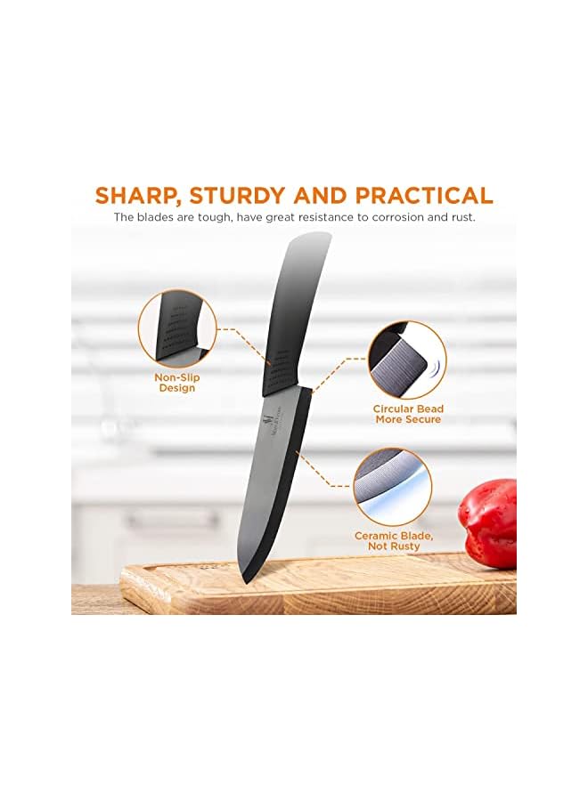& VENUS Knife Set [4 pcs] With Peeler, Ceramic Kitchen Knives, Sharp Plain Blade Edge for Slicing, Chopping Pairing Cutting, Ideal for Vegetable, Fruit & Boneless Meat