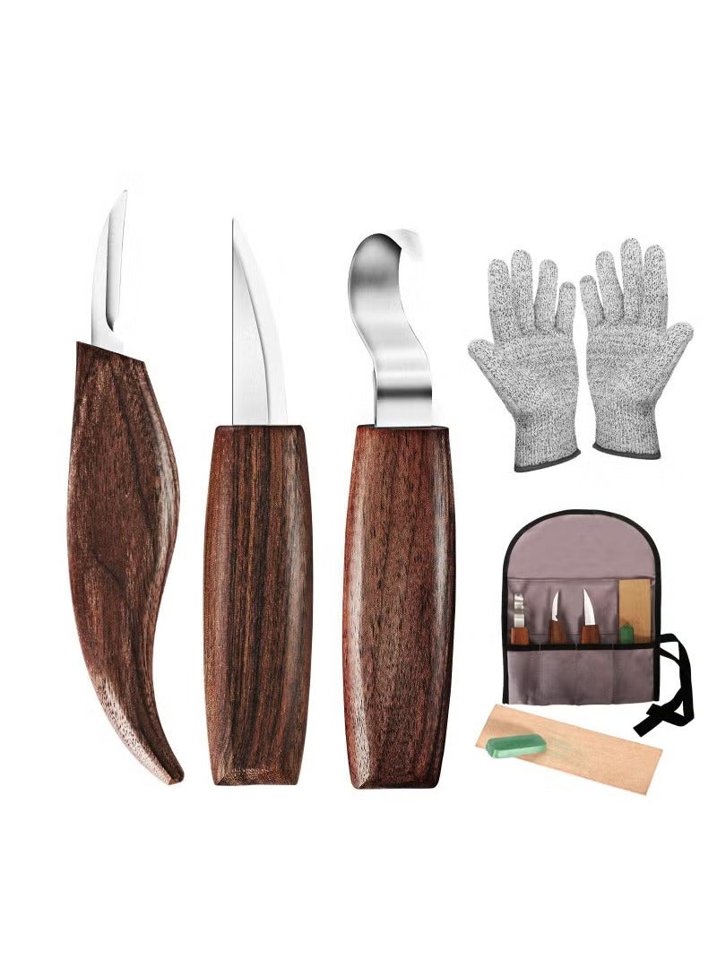 7-in-1 Wood Carving Kit, Wood Carving Tools Set with Carving Hook Knife Whittling Knife Chip Carving Knife Woodworking Gloves Carving Knife Sharpener Whittling Tool Package for Beginners Woodworking