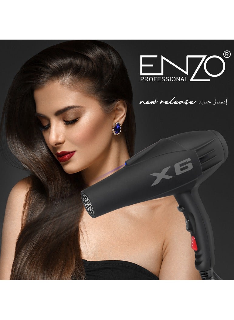 PrecisionWare Enzo EN-X6 Salon High-Power Hair Blow Dryer, 2500W Professional Hair Dryer With Ionic Technology, 3 Heat Settings, 2 Speed Settings, Concentrator Nozzle-Intl Version