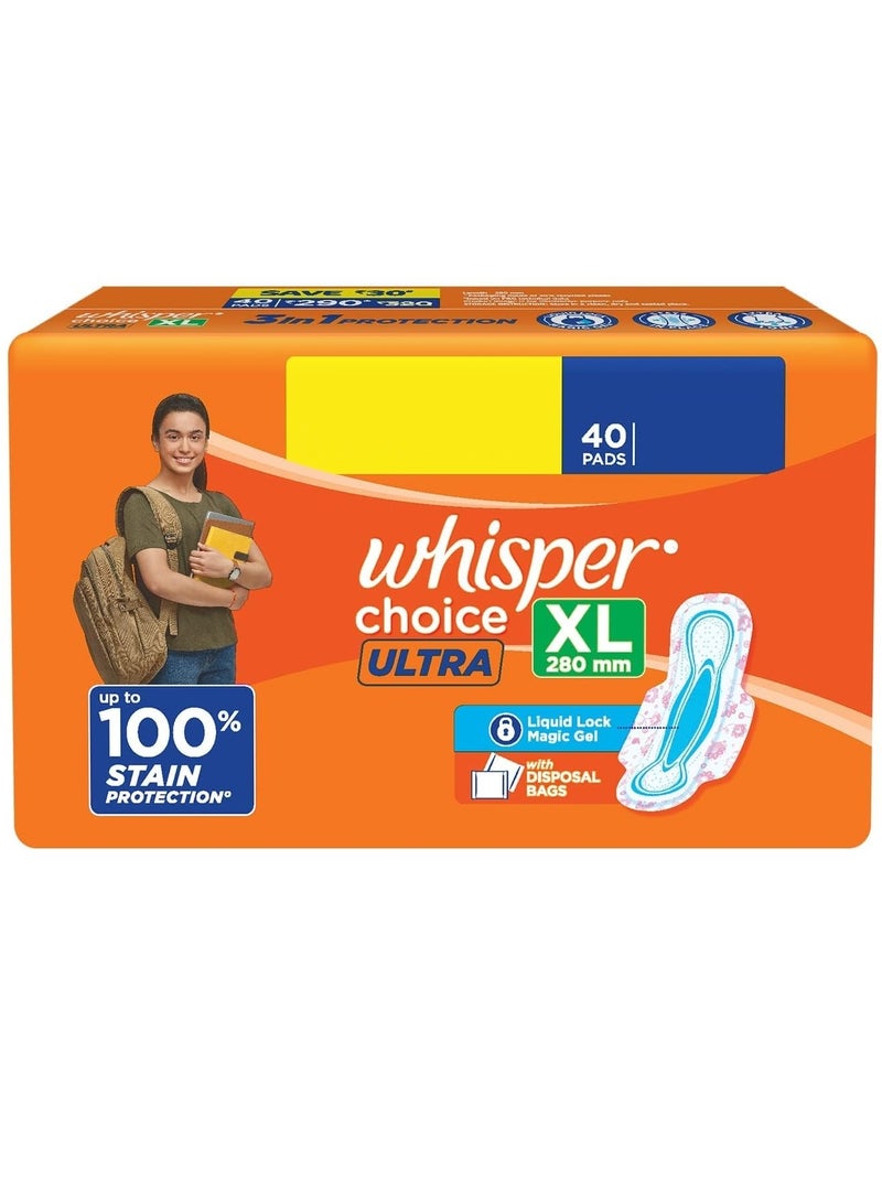 Whisper Choice Sanitary Pads with Wings for Women, XL, 40s Napkins