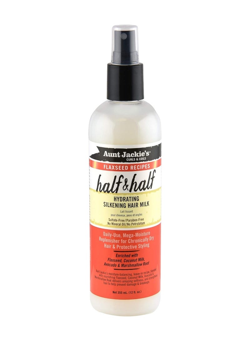 Aunt Jackie's Flaxseed Recipes Half & Half, Hydrating Silkening Hair Milk, For Daily Use, Enriched with Flaxseed, Coconet, Jojoba Oil, Shea Butter, Grapeseed and Ginseng, 12 Ounce Spray Bottle 355ml