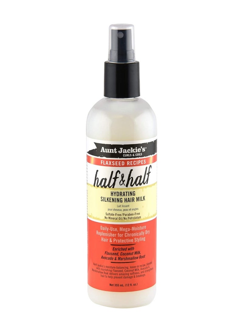 Aunt Jackie's Flaxseed Recipes Half & Half, Hydrating Silkening Hair Milk, For Daily Use, Enriched with Flaxseed, Coconet, Jojoba Oil, Shea Butter, Grapeseed and Ginseng, 12 Ounce Spray Bottle 355ml