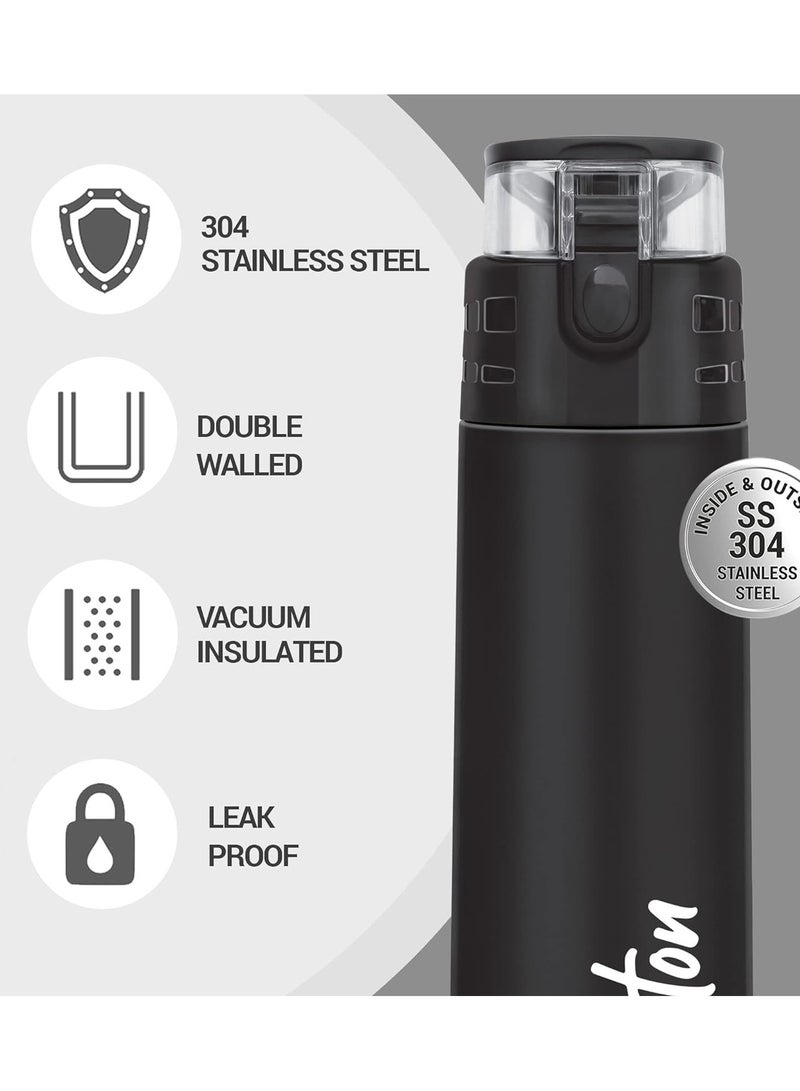 Milton Aura 1000 Thermosteel Bottle, 1.05 Litre, Black | 24 Hours Hot and Cold | Easy to Carry | Rust & Leak Proof | Tea | Coffee | Office| Gym | Home | Kitchen | Hiking | Trekking | Travel Bottle