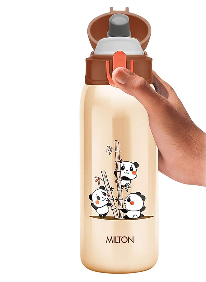 390ml Vacuum Insulated Kids Water Bottle with One Touch Safety Lock, Convenient for Sipping, Stainless Steel, Keeps Drinks Hot and Cold, Thermos Flask for School - Boys & Girls - Jolly - Brown Brown