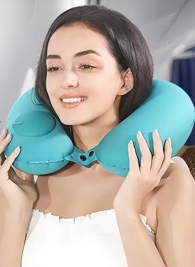 Inflatable U-shaped Pillow,Air Pillow Core Ofice Pillow, Portable Cervical Pillow, Inflatable Travel Pillow with Built-in Pump, Neck Support Pillow for Rest On Airplanes, In Office(Green)