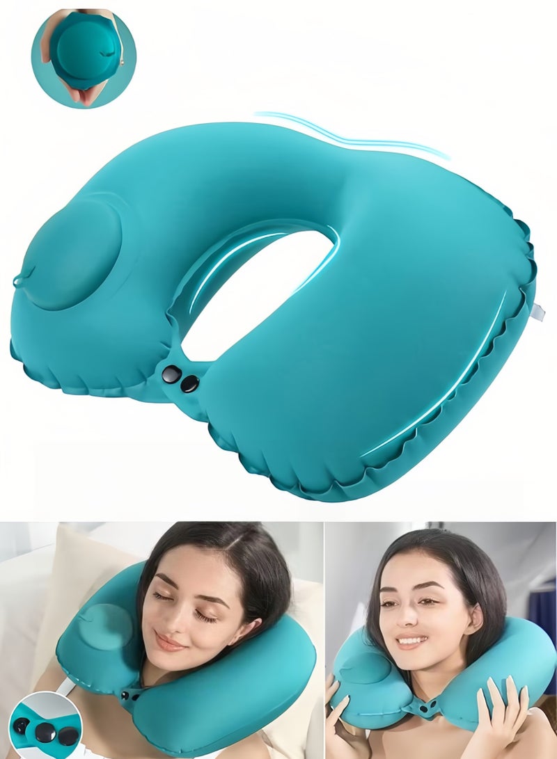 Inflatable U-shaped Pillow,Air Pillow Core Ofice Pillow, Portable Cervical Pillow, Inflatable Travel Pillow with Built-in Pump, Neck Support Pillow for Rest On Airplanes, In Office(Green)