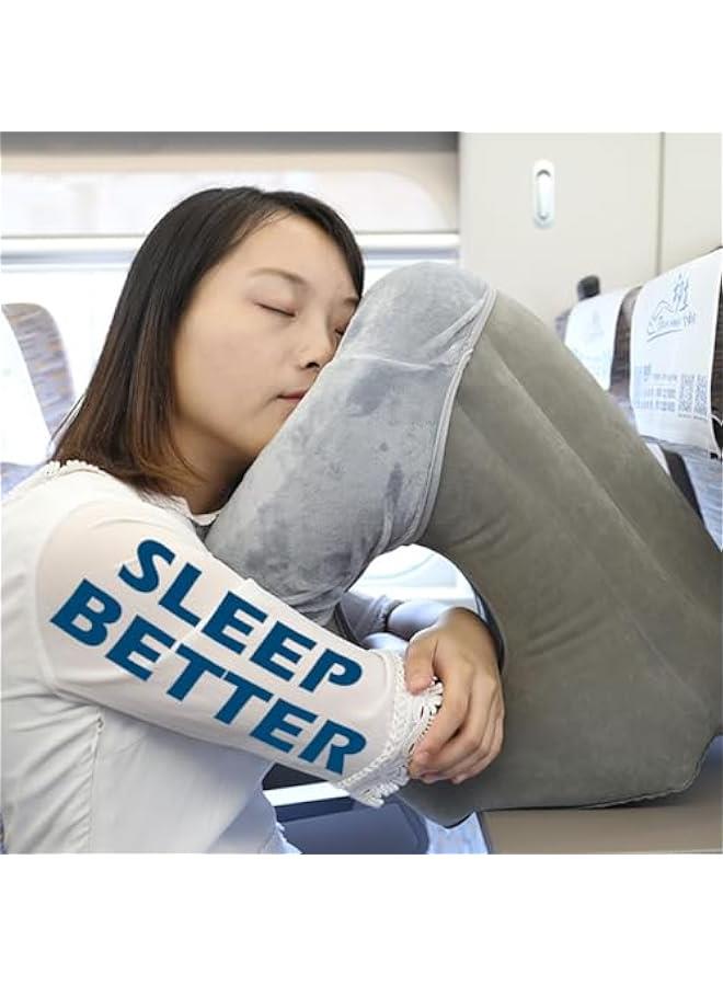 Inflatable Travel Pillow for Airplane - Grey - 16In Airplane Pillow for Neck and Shoulder Pain Release, Airplane Neck Pillow with Velvet Face Cover for Train, Bus and Office