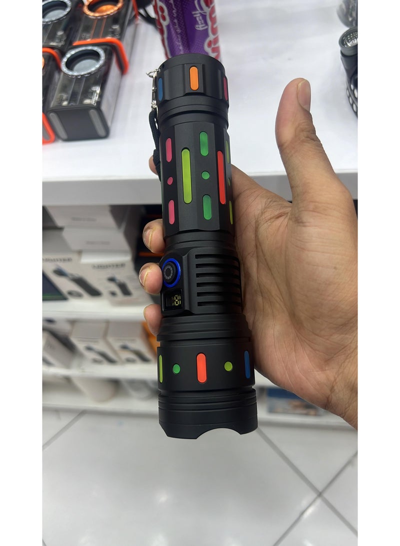 Torch Light High Powered Handheld Flashlight Rechargeable LED Torch with a Long Range Reach, Colorful Fluorescent Strips Body Mechanically Zoomable for Searching Fishing Exploring