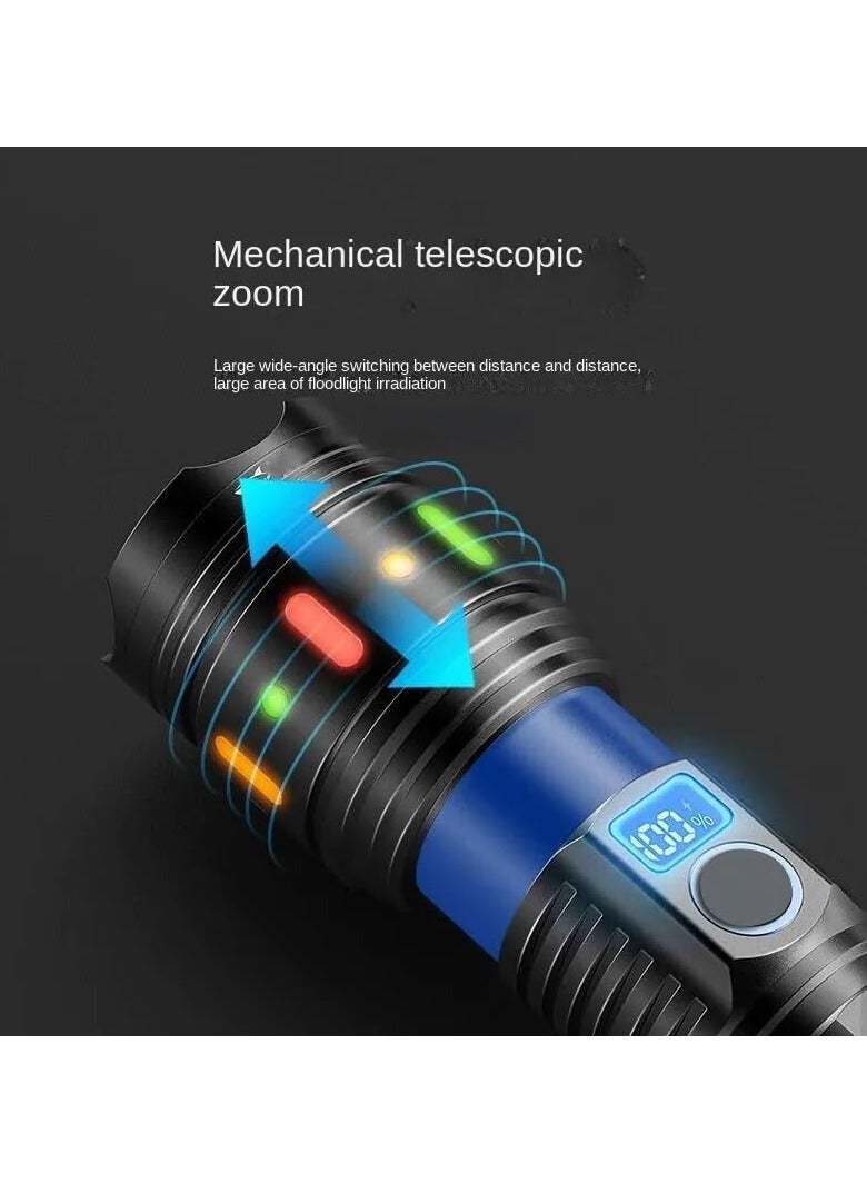 Torch Light High Powered Handheld Flashlight Rechargeable LED Torch with a Long Range Reach, Colorful Fluorescent Strips Body Mechanically Zoomable for Searching Fishing Exploring