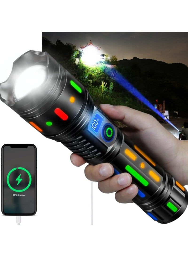 Torch Light High Powered Handheld Flashlight Rechargeable LED Torch with a Long Range Reach, Colorful Fluorescent Strips Body Mechanically Zoomable for Searching Fishing Exploring