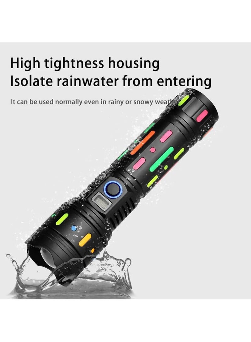 Torch Light High Powered Handheld Flashlight Rechargeable LED Torch with a Long Range Reach, Colorful Fluorescent Strips Body Mechanically Zoomable for Searching Fishing Exploring