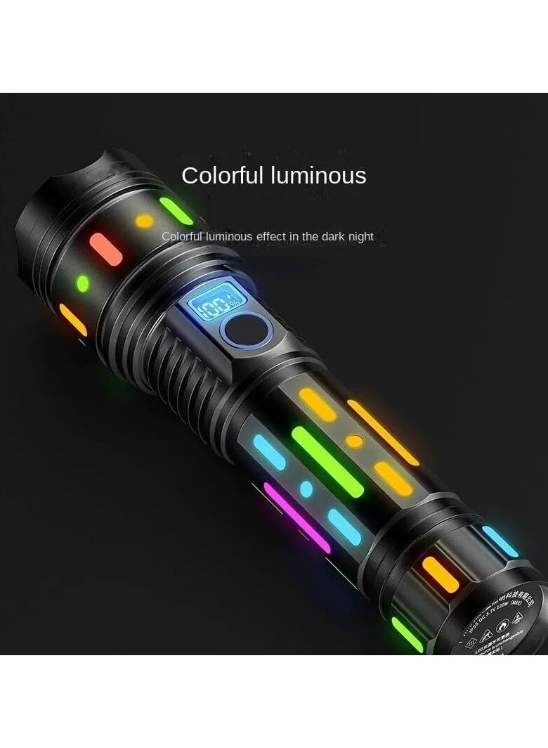 Torch Light High Powered Handheld Flashlight Rechargeable LED Torch with a Long Range Reach, Colorful Fluorescent Strips Body Mechanically Zoomable for Searching Fishing Exploring