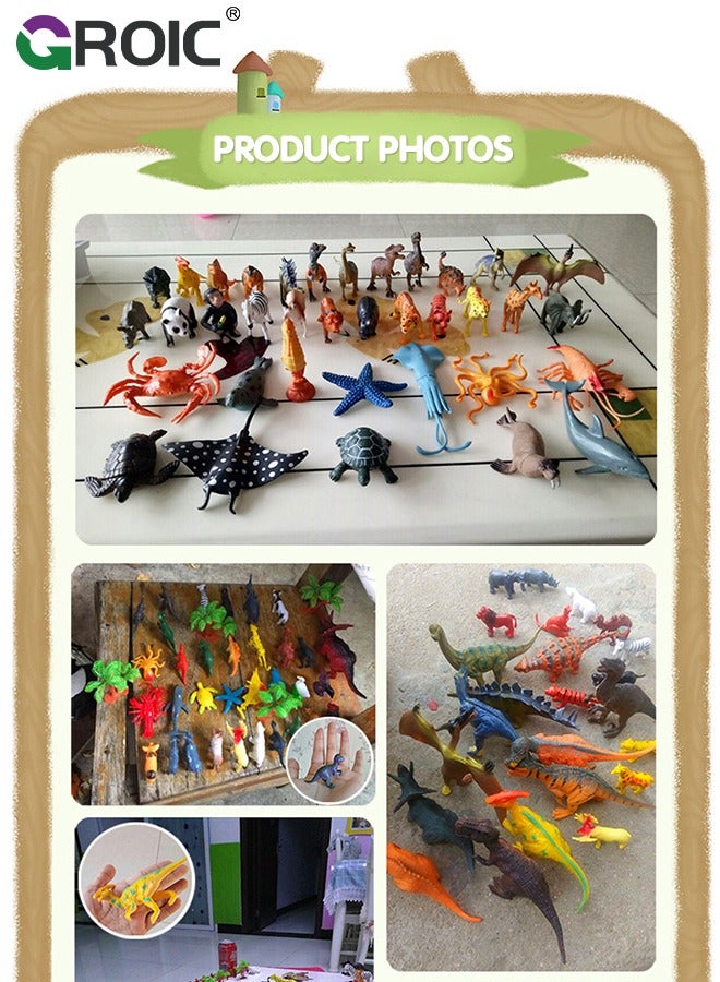 71 Pcs Realistic Dinosaur & Animal Toy Figures Set with Storage Box,2-7 Inch, Figure Set Including T-Rex, Stegosaurus, Triceratops, Pterosaur, Wild and Domestic Animals, Scene Accessories Etc