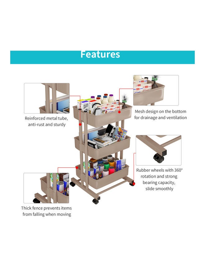 3 Tier Rolling Storage Utility Cart on Wheels Beige 43x19.5x31.5cm