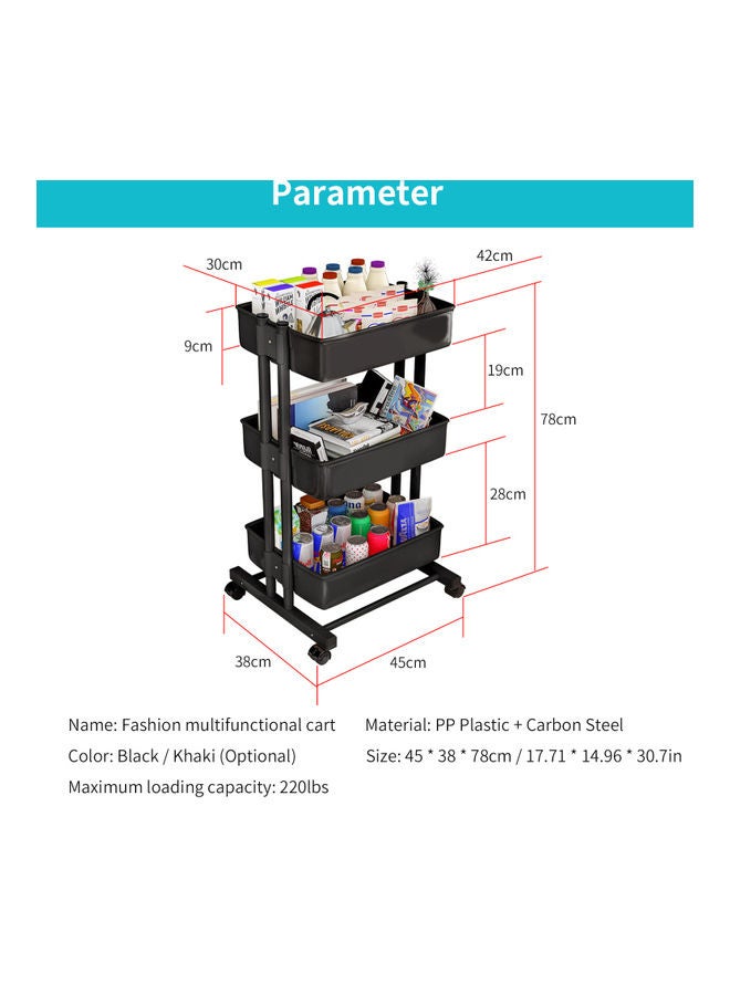3 Tier Rolling Storage Utility Cart on Wheels Black 43x19.5x31.5cm