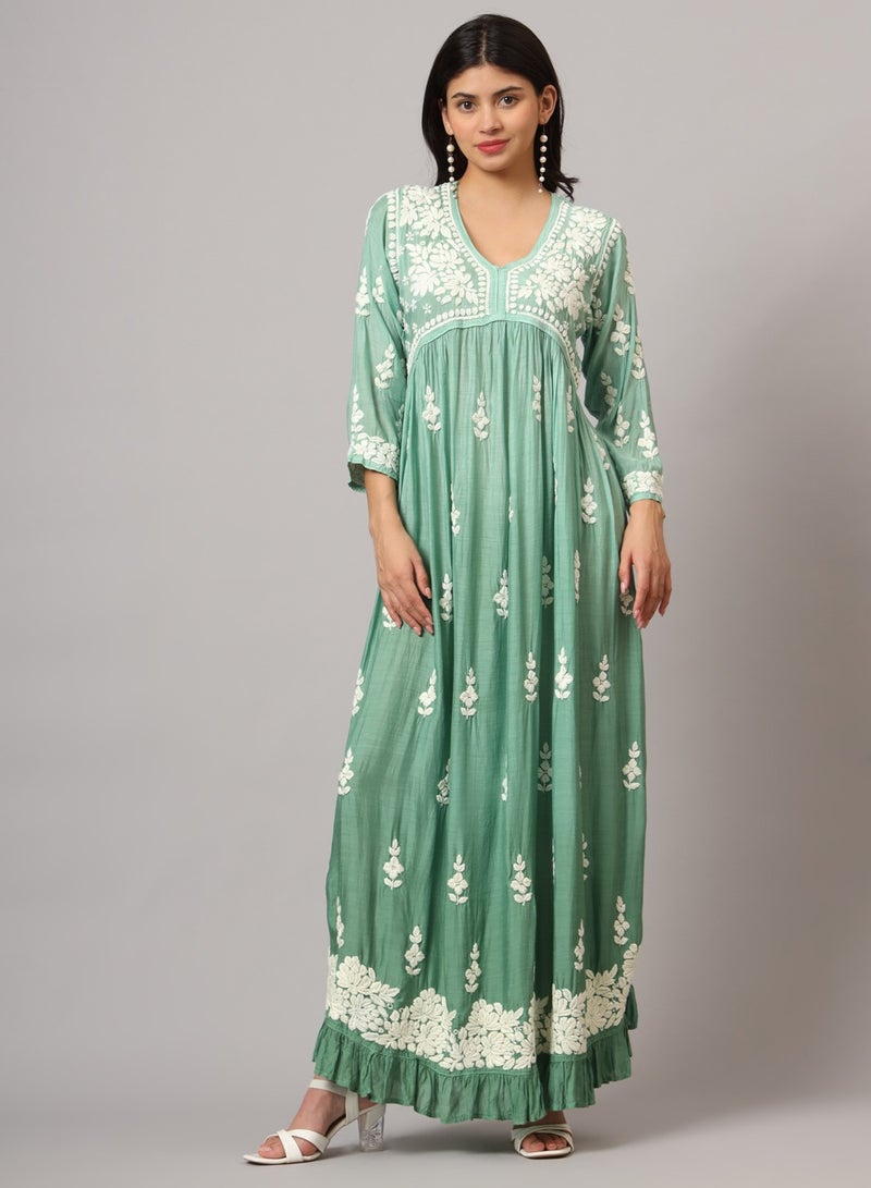 Hand Embroidered Chikankari A-Line Gathering Pattern Muslin Jalabiya-AL4002