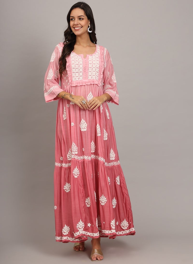 Hand Embroidered Chikankari Muslin Jalabiya-AL4016