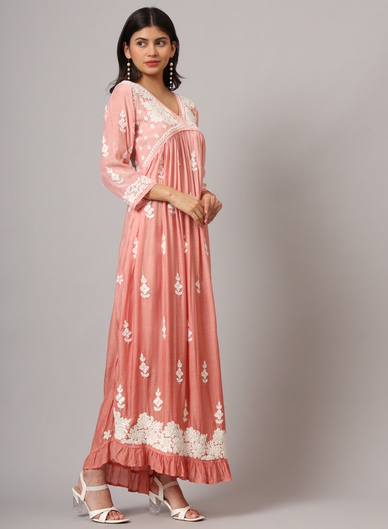 Hand Embroidered Chikankari A-Line Gathering Pattern Muslin Jalabiya-AL4002