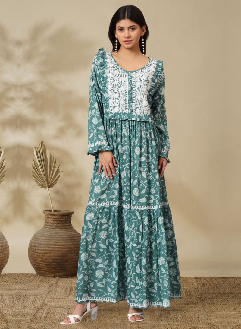 Hand Embroidered Chikankari A-Line Gathering Pattern Mulmul Cotton Jalabiya-AL3941