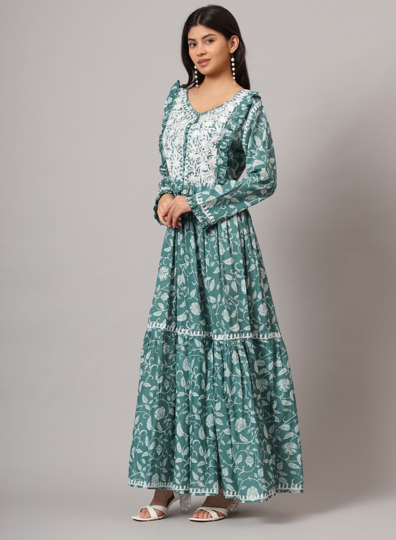 Hand Embroidered Chikankari A-Line Gathering Pattern Mulmul Cotton Jalabiya-AL3941