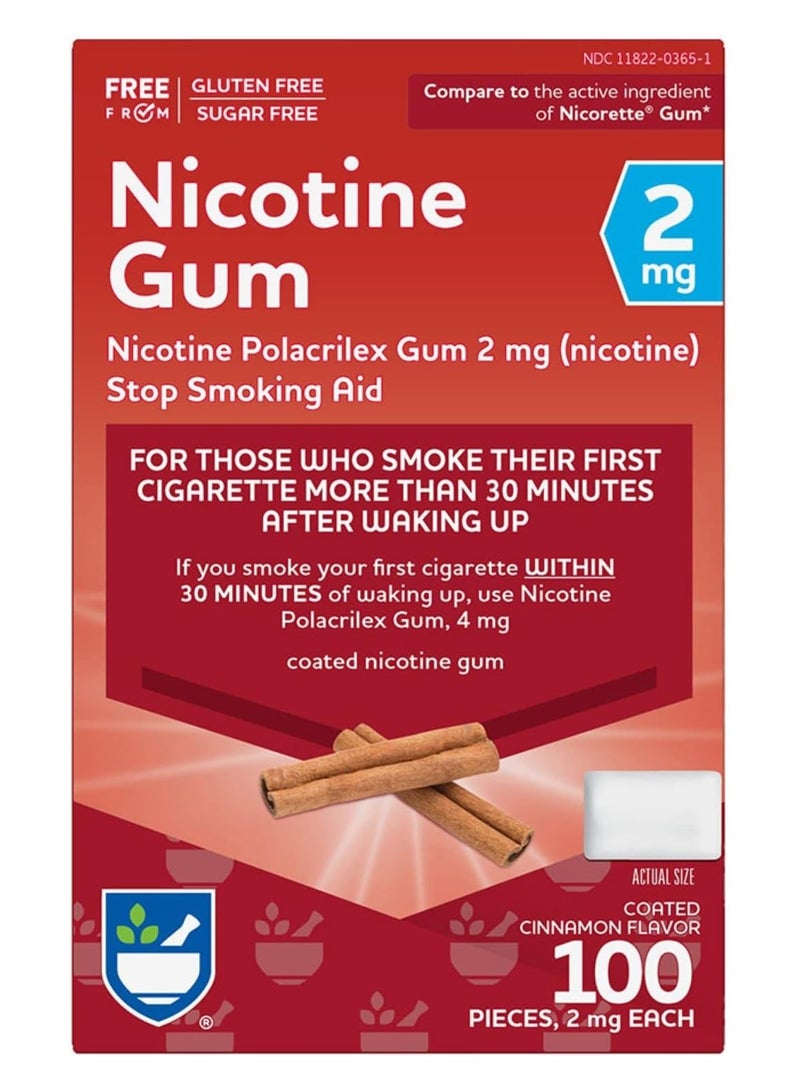 Rite Aid Nicotine Gum, Coated Cinnamon Flavor, 2 mg - 100 Count | Quit Smoking Aid | Nicotine Replacement Gum