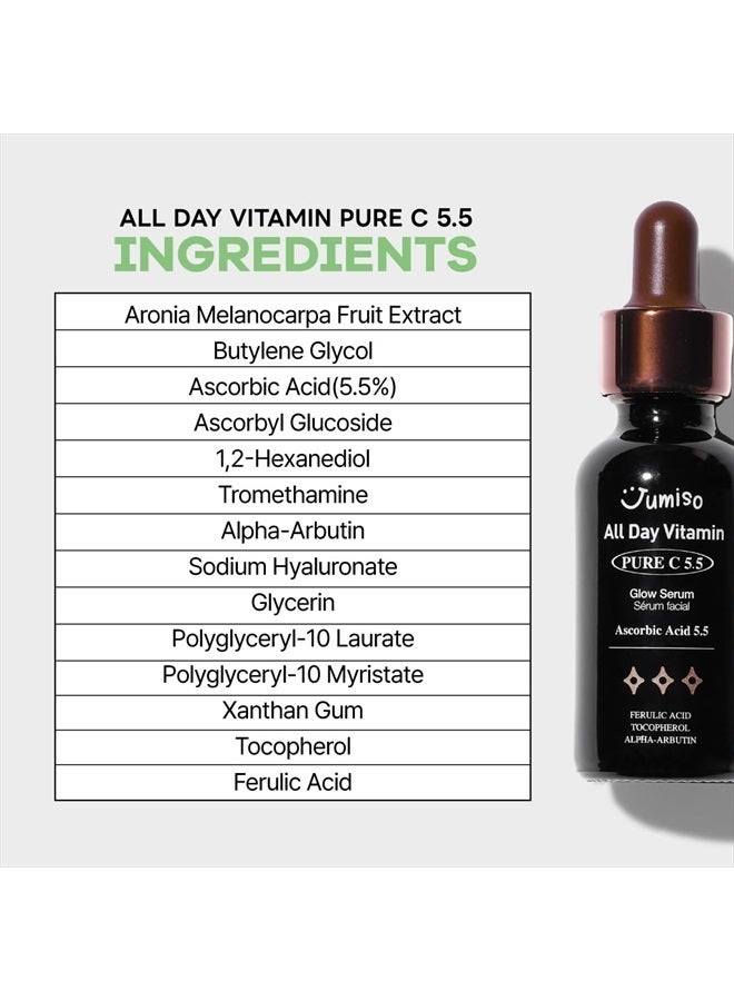 All Day Pure C 5.5 Glow Serum 30ml | Aronia Fruit Extract | Pure Vitamin C (L-Ascorbic Acid) with Alpha-Arbutin&Ascorbyl Glucoside | fragrance-free, parabens-free | 1.01 fl oz, 30 ml