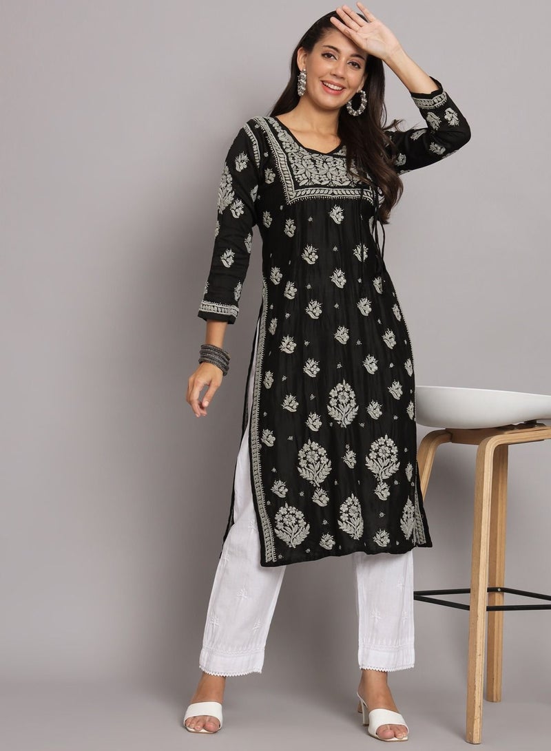 Hand Embroidered Chikankari Chanderi Angarkha Kurta With Mukaish Work-AL3672