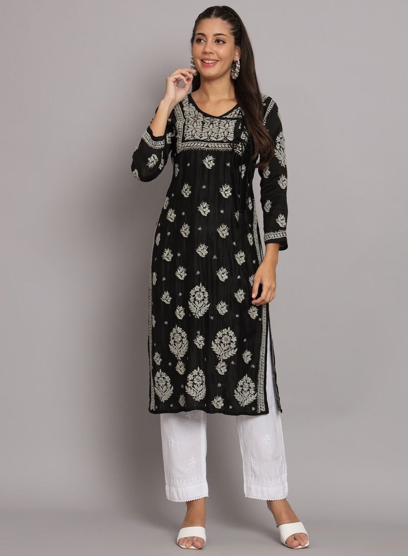 Hand Embroidered Chikankari Chanderi Angarkha Kurta With Mukaish Work-AL3672