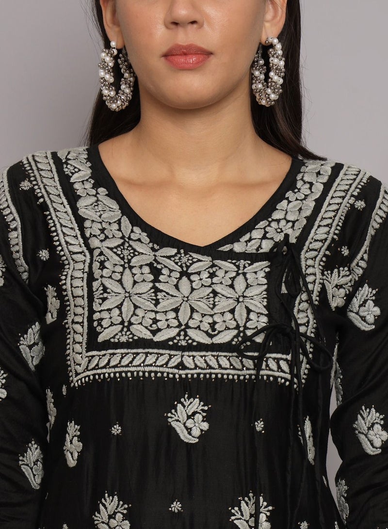 Hand Embroidered Chikankari Chanderi Angarkha Kurta With Mukaish Work-AL3672