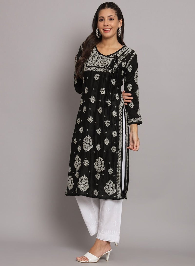 Hand Embroidered Chikankari Chanderi Angarkha Kurta With Mukaish Work-AL3672