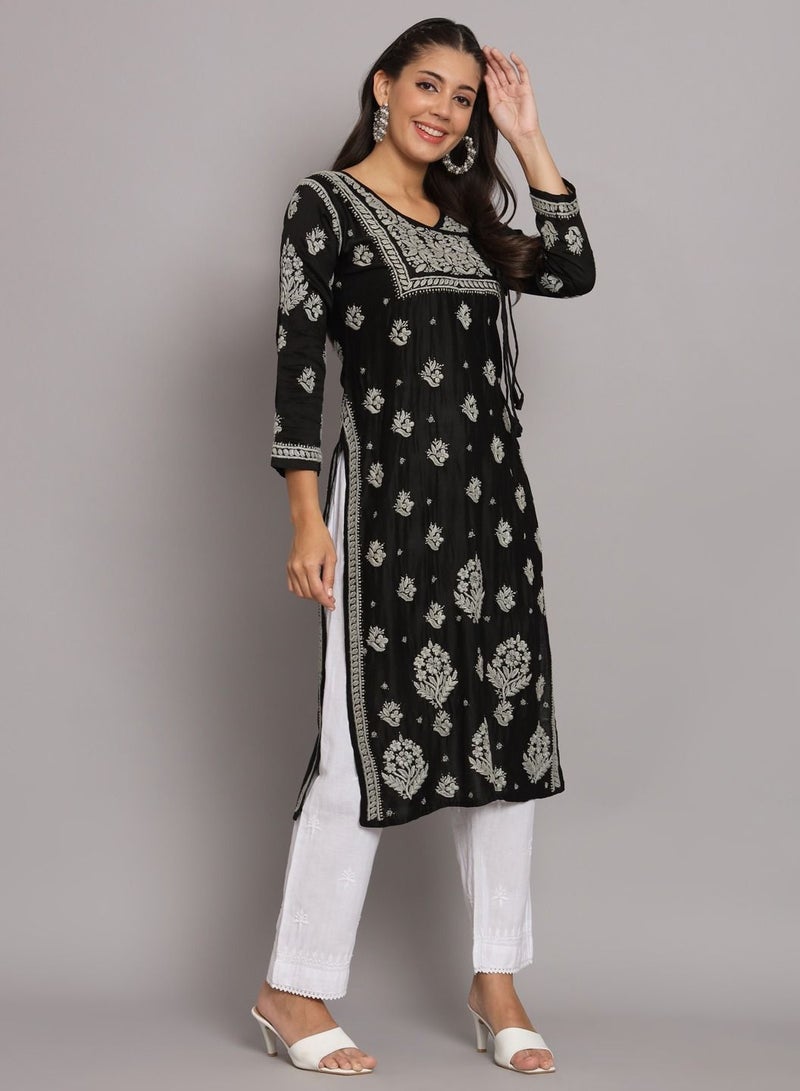 Hand Embroidered Chikankari Chanderi Angarkha Kurta With Mukaish Work-AL3672