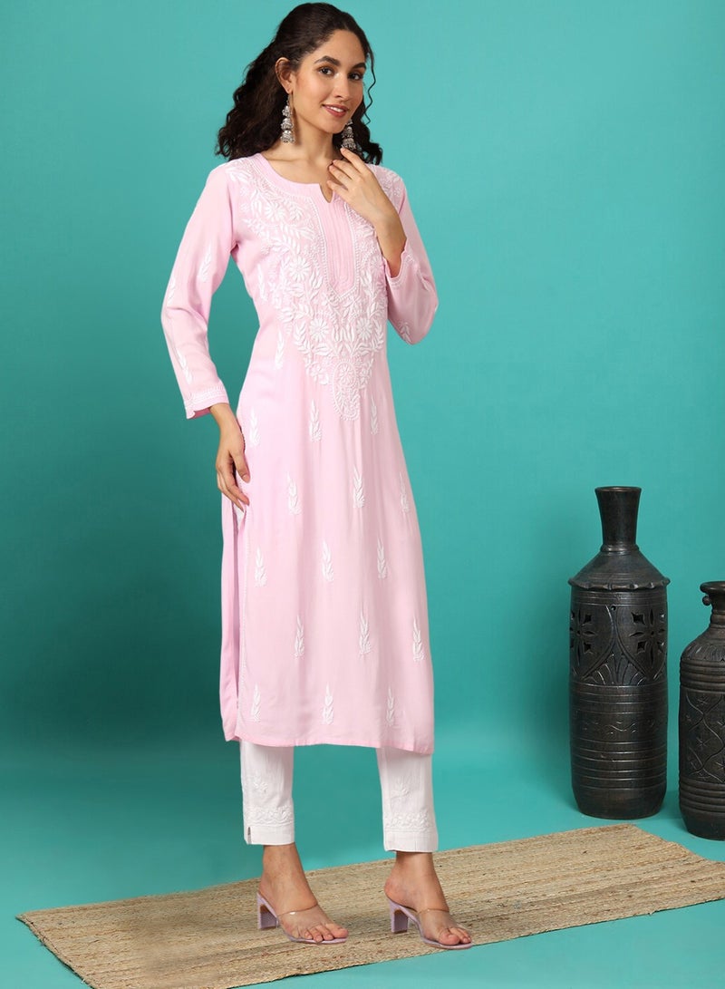 Women Hand Embroidered Chikankari Rayon Kurta-AL3451