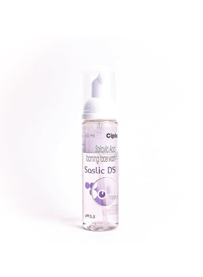 Cipla Saslic DS Foaming Face Wash | 2% Salicylic Acid | Acne Prevention | Pore Unclogging Formula for Clear Skin | 60ml