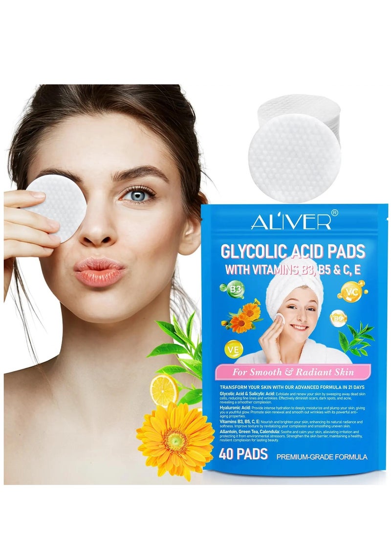 40Pcs Glycolic Acid Pads Smooth And Radiant Skin Glycolic Pads Reduce Scars Fine Lines Dark Spots Acne Dead Skin & Blackheads with Glycolic Acid Salicylic Acid & Hyaluronic Acid