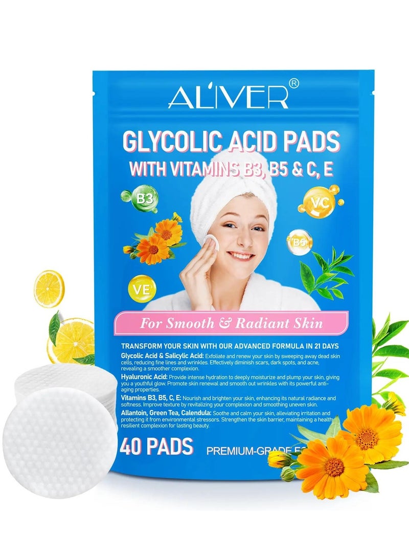 40Pcs Glycolic Acid Pads Smooth And Radiant Skin Glycolic Pads Reduce Scars Fine Lines Dark Spots Acne Dead Skin & Blackheads with Glycolic Acid Salicylic Acid & Hyaluronic Acid