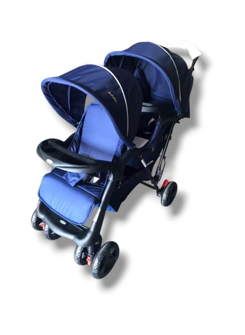 Twin baby Stroller with Canopy Adjustable Seats Navy blue