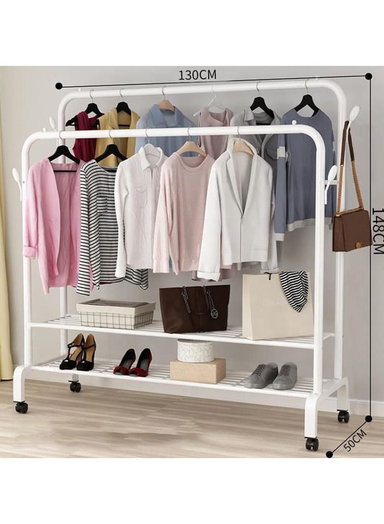 Double Hanging Rod Garment Rack Hanger with Top Rod and Lower Storage Shelf, Closet Organizer Clothes Rack for Bedroom, Living Room and Entryway Steel Wall Shelf  (Number of Shelves - 2, White)