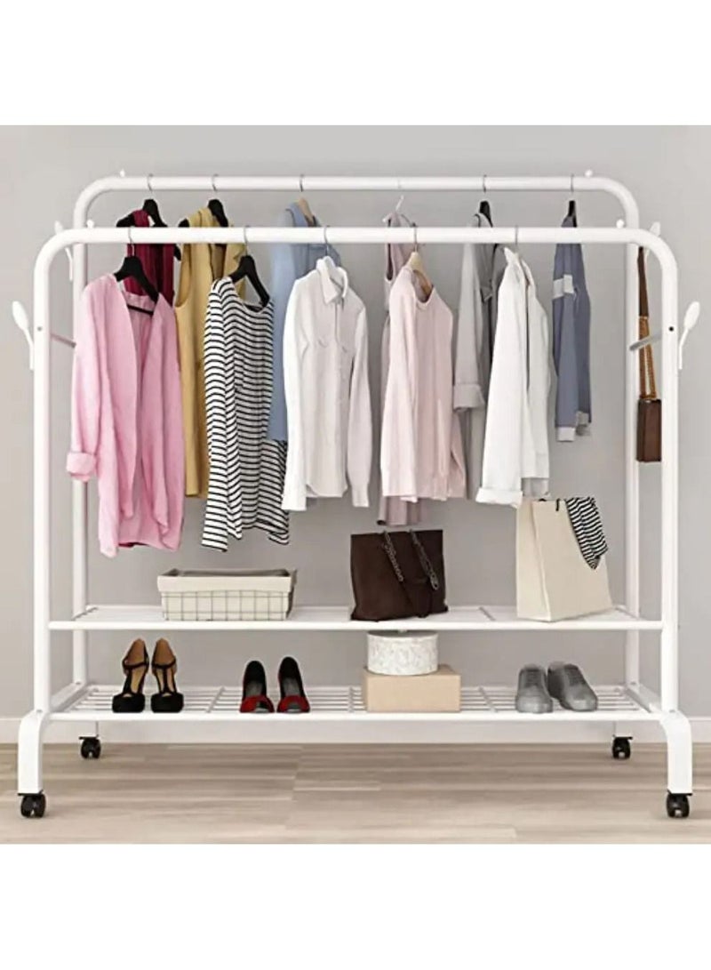 Double Hanging Rod Garment Rack Hanger with Top Rod and Lower Storage Shelf, Closet Organizer Clothes Rack for Bedroom, Living Room and Entryway Steel Wall Shelf  (Number of Shelves - 2, White)