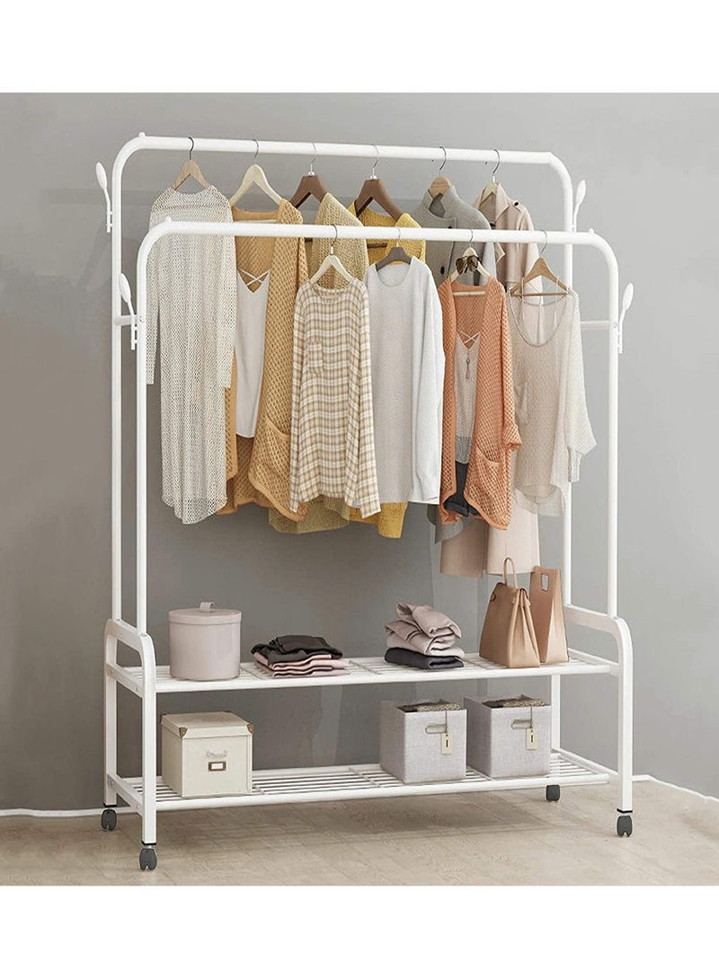 Clothes Storage Drying Rack Foldable Double Pole, With Hooks and Shoe Rack